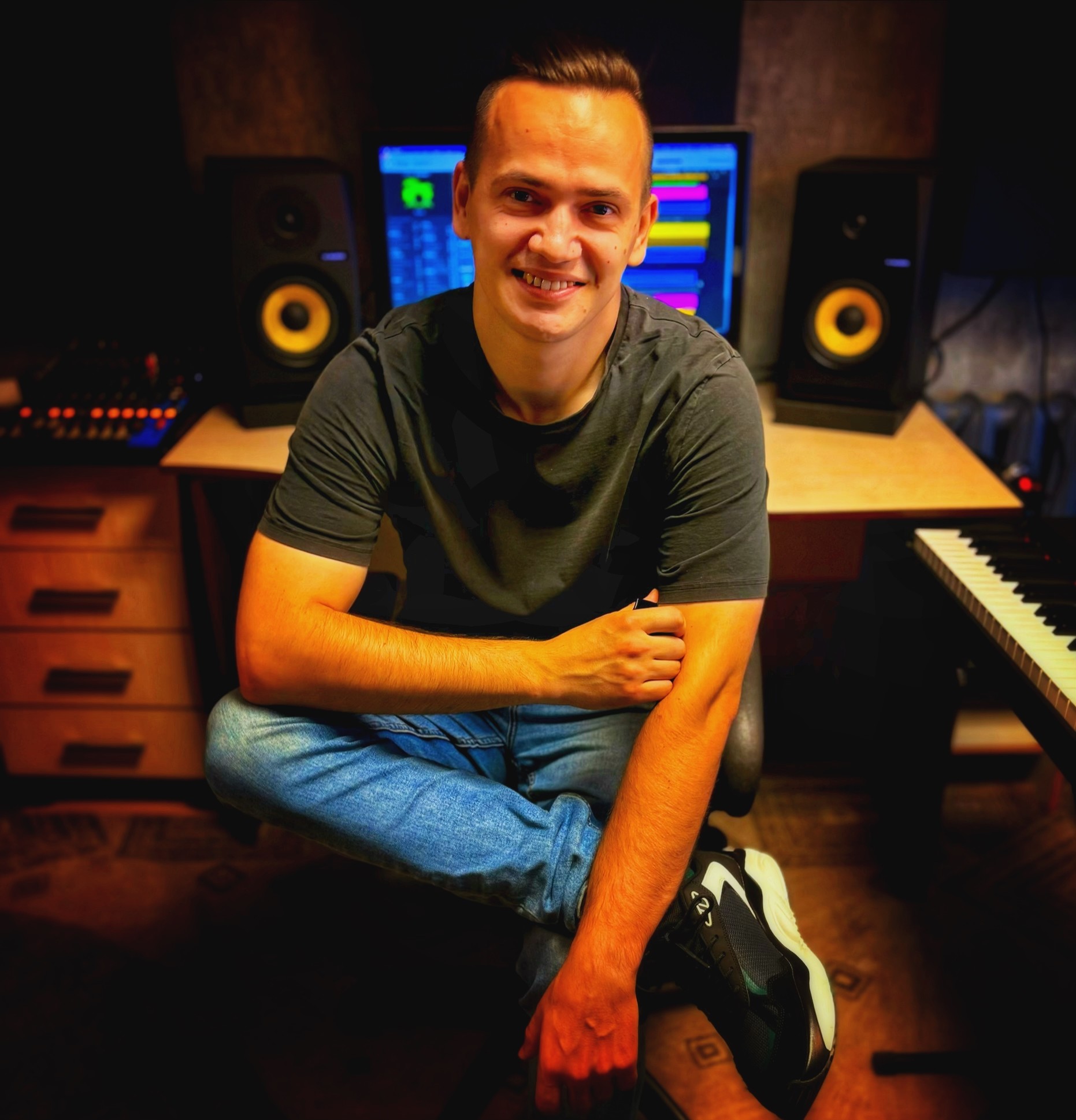 Music producer sitting on a chair in his studio